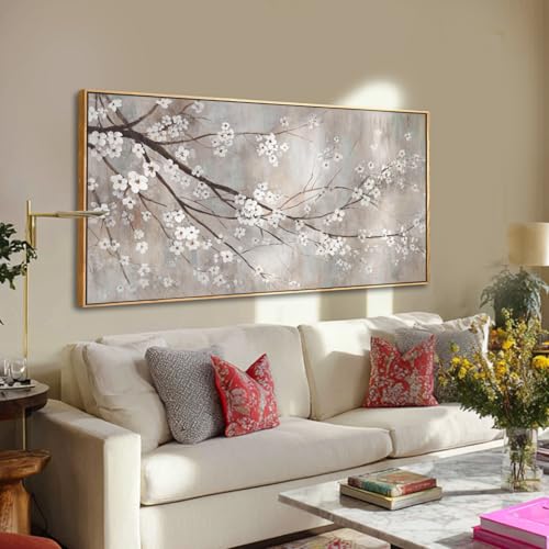 XIANSHOU Plum blossom Wall Decor White Flowers Painting on Canvas Nature Wall Art for Bedroom 24"x 48" Wall Decorations for Living Room Office - color: Brown, size: 48"L x 24"W