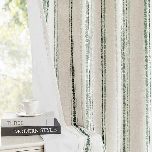 MYSKY HOME Green Striped 100% Blackout Curtains 84 Inches Long Linen Blended Double Layer Farmhouse Ticking Stripe Pinstripe Patterned Drapes for Bedroom Living Room, Grommet, 2 Panels, 52" Wide - color: Green/Blackout, size: 52"W x 84"L (Pack of 2)