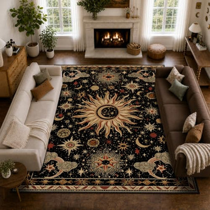 Vacuum-Friendly, 10x12 Washable Area Rug, Black Gold Beige Red | Sun and Moon Boho Gothic Non-Slip Low Pile Living Roon Bedroom Dining Room Kitchen Entry Entryway Entrance Hallway Doormat - color: Black/Gold/Beige/Red, size: 10' x 12' (Rectangular)