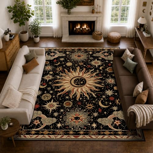 Vacuum-Friendly, 10x12 Washable Area Rug, Black Gold Beige Red | Sun and Moon Boho Gothic Non-Slip Low Pile Living Roon Bedroom Dining Room Kitchen Entry Entryway Entrance Hallway Doormat - color: Black/Gold/Beige/Red, size: 10' x 12' (Rectangular)