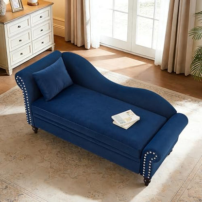 ERYE Velvet Upholstered Right Facing Chaise Lounge Chair, Blue Chaise Lounge Storage W/Nailhead Trim, Wood Legs, Classic Recliner Lounger Accent Sofa for Living Room Bedroom - color: Navy Blue/R