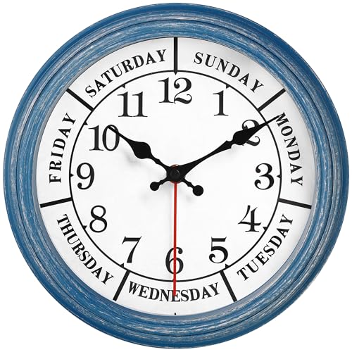 JENLYSTIME 12 Inch Retro Wall Clock,Classic Day of The Week Wall Clock,Silent Non Ticking Battery Operated Movement(Blue) - color: 12 Wk-blue