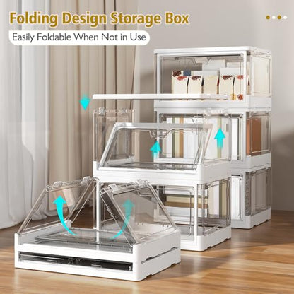 Kmiectse Clear Storage Bins with Lids 3 Pack 【Stackable & Sturdy】 | Plastic Multifunctional Folding Storage Bins for Bedroom, Living Room, Study,Room, 23 QT Folding Box with Magnetic Door - size: 3 Tier-3 Lids