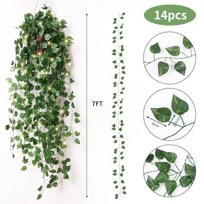 CEWOR 14 Pack 98ft Fake Ivy Vines, Artificial Ivy Garland with 100 LED String Lights, Hanging Plants Greenery Backdrop Green Leaves for Bedroom Room Wall Decor Wedding Party Table Decoration - size: 98ft+100led
