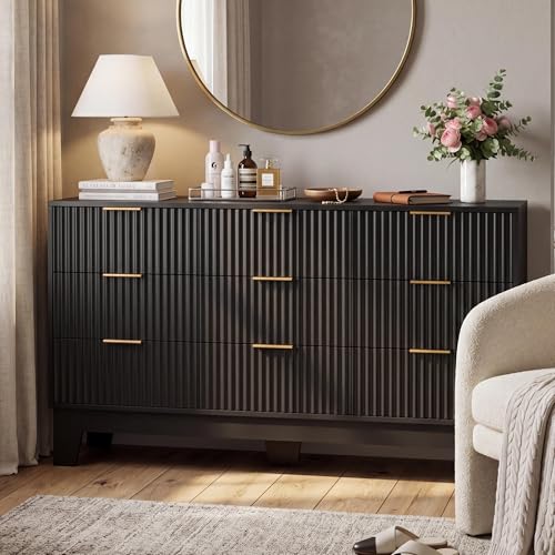 IDEALHOUSE 9 Drawer Dresser for Bedroom, Fluted Dresser for Bedroom | Fluted Door, Sturdy Structure, Easy to Clean - color: Black, size: 59"D x 15.6"W x 31.5"H (9 Drawers)