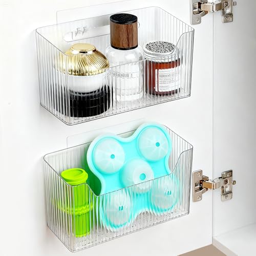 2 Pack Cabinet Door Organizer, Adhesive Wall Mounted Organizer Bins, Clear Storage Caddy, Stackable Basket for Kitchen Cabinets, Bathroom, Pantry, Office, and Tabletop Organization - color: Clear