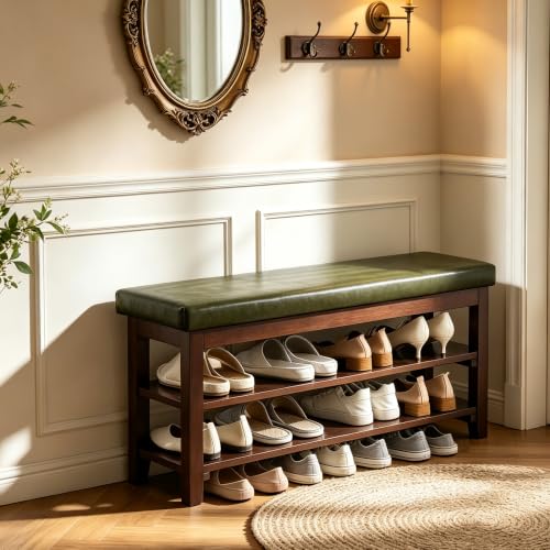 40" Entryway Bench, Shoe Storage Bench, Green | Leather Cushion, Shoe Rack, End of Bed Bench for Front Door Entrance, Mudroom - color: Green
