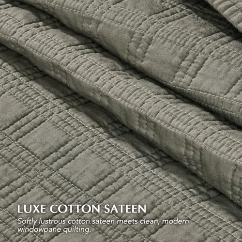 EVERGRACEHOME Cotton Sateen Windowpane Quilt Set Queen Size, Stone Sage | 100% Cotton, Pre-Washed Soft Coverlet Bedspread, 3-Piece Lightweight Bedding Set for All Season, with 2 Pillow Shams - color: Stone Sage (Grayish Green) - Windowpane, size: Full/Que