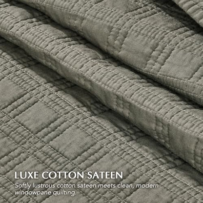 EVERGRACEHOME Cotton Sateen Windowpane Quilt Set Queen Size, Stone Sage | 100% Cotton, Pre-Washed Soft Coverlet Bedspread, 3-Piece Lightweight Bedding Set for All Season, with 2 Pillow Shams - color: Stone Sage (Grayish Green) - Windowpane, size: Full/Que