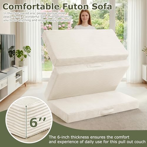 Convertible Sofa Bed, Boneless Loveseat with Removable Cushions & Washable Cover, Futon Sofa Bed with Handle, Pull Out Couch for Living Room, King Size, Beige - color: Beige, size: King Size-83''L*76''W