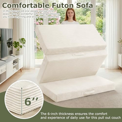 Convertible Sofa Bed, Boneless Loveseat with Removable Cushions & Washable Cover, Futon Sofa Bed with Handle, Pull Out Couch for Living Room, King Size, Beige - color: Beige, size: King Size-83''L*76''W