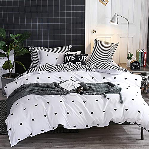 Omelas Kids Heart Love Twin Duvet Cover Set Black and White Teens Girls Lovely Heart-Shaped Pattern Striped Reversible Bedding Soft Breathable Quality Brushed Microfiber (3 Pcs,XD,T) - color: X-white, size: Twin(No Comforter)