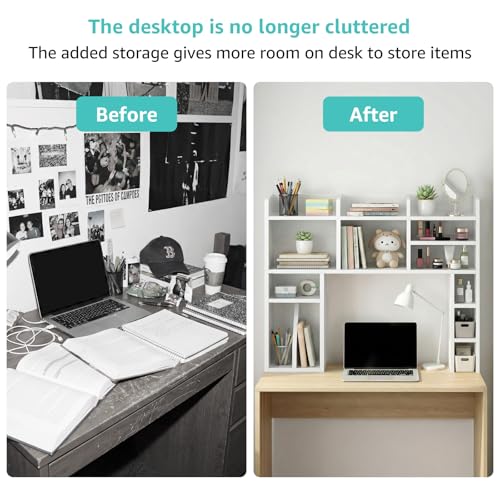 NUTIKAS White Desk Hutch Dorm with Shelves and File Organizer - 37" Wood Desktop Hutch for College Room, Desktop Bookshelf for Computer Desk, Space Saving Bookshelf