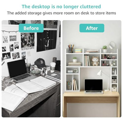 NUTIKAS White Desk Hutch Dorm with Shelves and File Organizer - 37" Wood Desktop Hutch for College Room, Desktop Bookshelf for Computer Desk, Space Saving Bookshelf