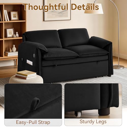 63" 3-in-1 Velvet Convertible Sleeper Sofa Bed, Modern Adjustable Backrest Loveseat Pull Out Couch with USB & Side Pocket, Small Space Love Seat Sofa Bed for Living Room, Bedroom, Black Velvet - color: Black