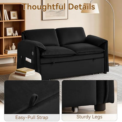 63" 3-in-1 Velvet Convertible Sleeper Sofa Bed, Modern Adjustable Backrest Loveseat Pull Out Couch with USB & Side Pocket, Small Space Love Seat Sofa Bed for Living Room, Bedroom, Black Velvet - color: Black