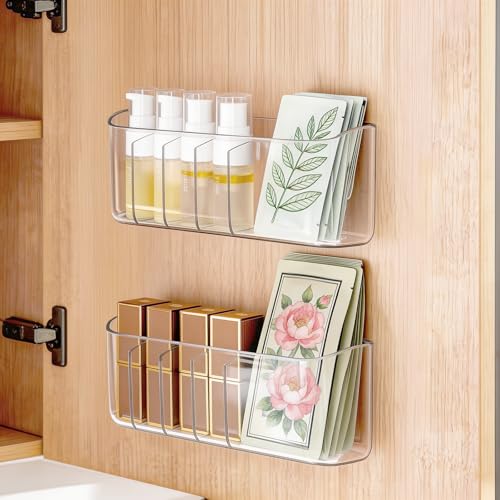 PAVSTINE 2 Pack Adhesive Medicine Cabinet Organizer, Clear Wall Mounted Makeup Storage Shelves for Bathroom Vanity, No Drilling Narrow Organizers for Door Cabinet, 5 Compartment - size: 5-Compartment Wall-Mounted
