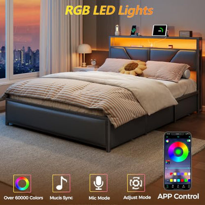 Queen Bed Frame with Storage Headboard, 6 Drawers, LED&Charging | 2-Tier PU Leather Upholstered Headboard, Charging Station&RGB Lights, No Box Spring Needed, easy assembly, Noise-Free,Black - color: Black, size: Queen