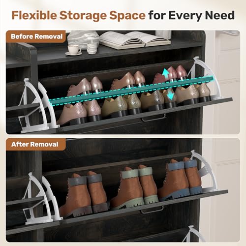 Miereirl Rustic Farmhouse Shoe Cabinet with 2 Flip Drawers, Narrow Entryway Shoe Storage Organizer for 12–16 Pairs, Space-Saving Hallway Shoe Rack with Metal Frame & Top Shelf for Bags (Dark Gray)