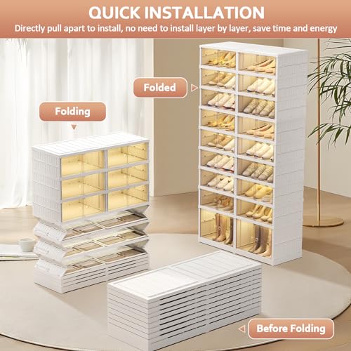 SYNCVIBE Collapsible Shoe Rack Organizer, 9 Tiers, 36 Pairs, 34.2" Wide | Foldable Shoe Storage with Doors, Plastic Shoe Cabinet with Wheels, Easy Assembly Shoe Shelves for Entryway and Living Room - size: 9 Tiers -36 Pairs White