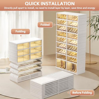 SYNCVIBE Collapsible Shoe Rack Organizer, 9 Tiers, 36 Pairs, 34.2" Wide | Foldable Shoe Storage with Doors, Plastic Shoe Cabinet with Wheels, Easy Assembly Shoe Shelves for Entryway and Living Room - size: 9 Tiers -36 Pairs White