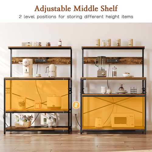 SUPERJARE Bakers Rack with Power Outlets, Microwave Stand, 39.4 X 14.3 Inch Larger Desktop, Kitchen Storage Rack with Adjustable Middle Shelf, 6 S-Shaped Hooks, Coffee Bar Stand, Rustic Brown - color: Rustic Brown, size: 39.4inch