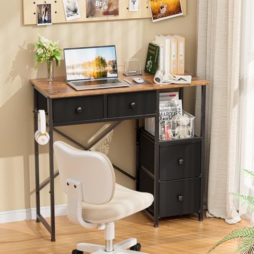 3IngSeagulls Small Computer Desk with 4 Fabric Drawers, Simple Writing Desk for Home Office, Compact Study Desks for Small Spaces, Kids Desk Study for Bedroom, Rustic Brown - color: Rustic Brown