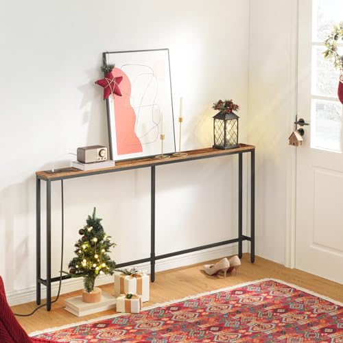 MAHANCRIS 63'' Skinny Console Table with Charging Station, 5.9" Slim Sofa Table Behind Couch, Long Entryway Tables, Narrow Sofa Hallway Table for Living Room, Foyer, Rustic Brown CTHR165E01Z1 - size: 5.9"D x 63"W x 31.7"H