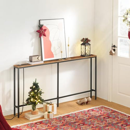 MAHANCRIS 63'' Skinny Console Table with Charging Station, 5.9" Slim Sofa Table Behind Couch, Long Entryway Tables, Narrow Sofa Hallway Table for Living Room, Foyer, Rustic Brown CTHR165E01Z1 - size: 5.9"D x 63"W x 31.7"H
