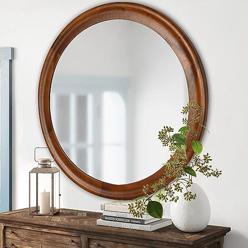 CULER Round Wall Mirrors 30 Inch,Wood Mirror with Walnut Frame for Bathroom | Decorative Farmhouse Mirror for wall,Hanging Vanity Mirror for Bedroom Living Room or Entryway（Walnut Brown） - color: Walnut B, size: 30"L x 30"W