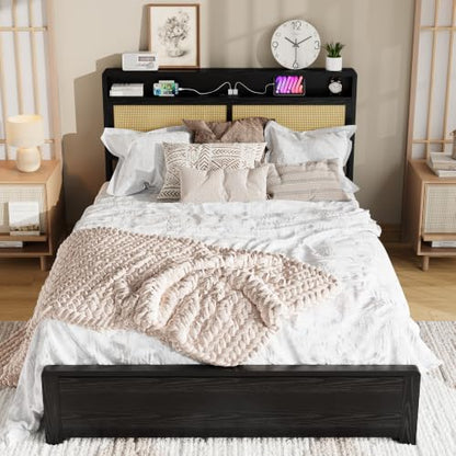 Garvee Full Wooden Rattan Bed Frame Bohemian with Storage and LED Lights | Cane Headboard with Charging Station, Wooden Slats, Noise-free, No Box Spring. Country Farmhouse Bed Frames Black - color: Black, size: Full