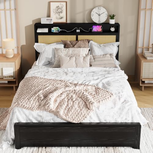 Garvee Queen Wooden Rattan Bed Frame Bohemian with Storage and LED Lights | Cane Headboard with Charging Station, Wooden Slats, Noise-free, No Box Spring. Country Farmhouse Bed Frames Black - color: Black, size: Queen