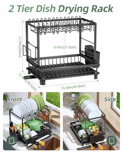 Dish Drying Rack, 2 Tier Space-Saving Dish Rack, Multifunctional Dish Drainer for Kitchen Counter with Drainboard/Utensil/Cup Holder Rustproof Carbon Steel, Black - color: Black