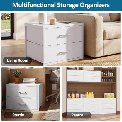 2 Fabric Drawer for Closet Storage: Stackable Dresser, White | Short Clothes Organizer Drawers with Metal Frame, 21"W x15.7"D Low Dresser for Inside Closet, Bedroom, Nursery & Small Spaces