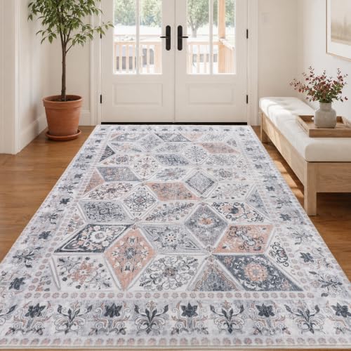 Moroccan Patchwork Washable Area Rug 4x6 for Bedroom Nursery, Ivory Beige | Distressed Floral Farmhouse Living Room Rug, Neutral Non Slip Low Pile Carpet for Office Dorm Apartment - color: Beige, size: 4x6 Feet