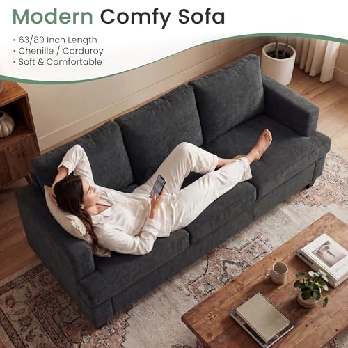 YOUDENOVA Sofa, 89" 3-Seater Deep Seat Sofa, Modern Comfy Couches for Living Room Apartment Lounge, Dark Grey Chenille - color: Dark Grey Chenille, size: 89" 3-Seater