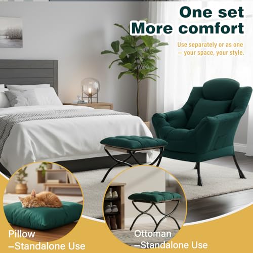Lazy Chair with Ottoman, Comfy Reading Chair for Bedroom, Green | Comfy Bedroom Accent Chair with Washable Removable Cover and extra throw pillow for Living Room Dorm - color: Peach Dark Green-1