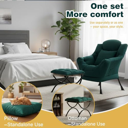 Lazy Chair with Ottoman, Comfy Reading Chair for Bedroom, Green | Comfy Bedroom Accent Chair with Washable Removable Cover and extra throw pillow for Living Room Dorm - color: Peach Dark Green-1