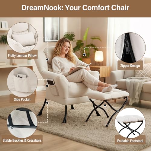 Lazy Chair with Ottoman, Reading Chair with Lumbar Pillow，Beige | Comfy Accent Lounge Chair with Pillow & folding Foot Stool, sturdy metal frame for bedroom, dorm or apartment, Living Room - color: Beige
