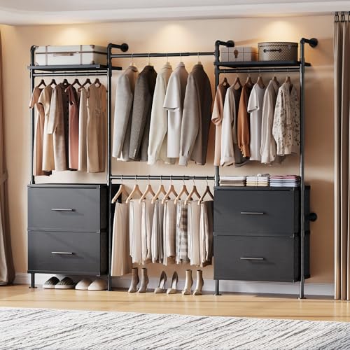 T4 Wall Mounted Closet System with 4 Large Drawers & 4 Hanging Rods | Adjustable from 4'4'' to 5'9'', Industrial Pipe Clothing Rack with 4 Hanging Rods, Heavy Duty Closet Organizer System, Black - color: Black