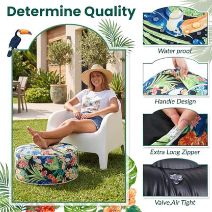 Cinnvoice 2 Pcs Inflatable Outdoor Ottoman Pouf Waterproof Round Footrest with Handle D21 x H9 Inch Indoor Outdoor Portable Footstool for Patio Garden Camping or Home Pool(Parrot) - style: Parrot
