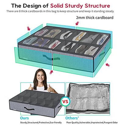 Onlyeasy Large Under Bed Shoe Organizer (6 to 12 Pairs x 2) - Underbed Shoes Closet Storage Solution with Metal Zipper and 2 Handles, Breathable, 29.3"x23.6"x5.9", Linen-like Grey, MXDUBSB2P - color: 2 Shoes (12+12 Cells) Linen-like Grey
