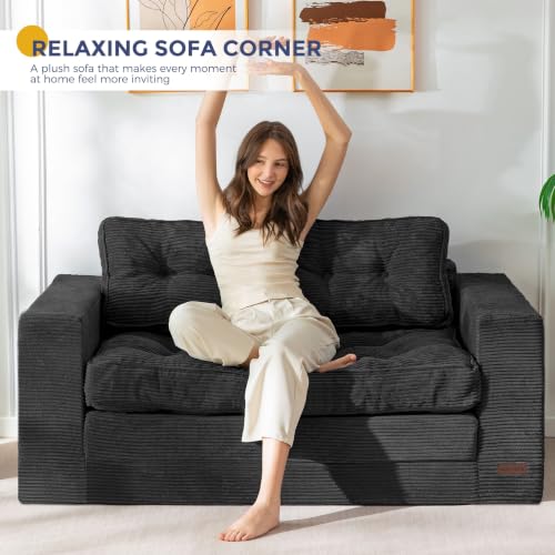 MAXYOYO Folding Sofa Bed, Convertible Sleeper Loveseat with Pillows | 2-Person Fold-Out Loveseat, Convertible Sleeper Bed with Supportive Pillows for Relaxing or Overnight Guests, Black - color: Black