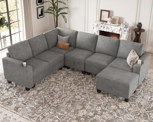 Belffin Chenille Modular Sectional Sofa Convertible L Shaped Corner Couches for Living Room with Storage Armrest with Cup Holder Light Grey Couch - color: Light Grey, size: 6-seater sofa