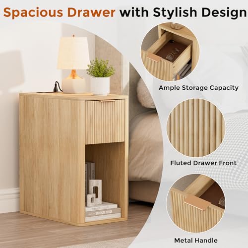 Homleke Narrow End Table with Fluted Drawer & Charging Station | Compact Nightstand with USB Ports & Outlets, Bedside Table for Bedroom, Living Room, Modern Accent Table, Natural - color: Natural