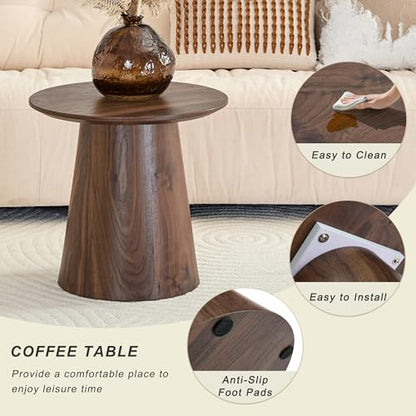 Walnut Coffee Table Set of 2, Mid Century Nesting Tables with Natural Walnut Grain Round Tabletop & Wooden Cone Base, Round Layered Low Profile Accent Tables Ideal for Living Room, APT, Small Space - color: Walnut Nesting Coffee Table