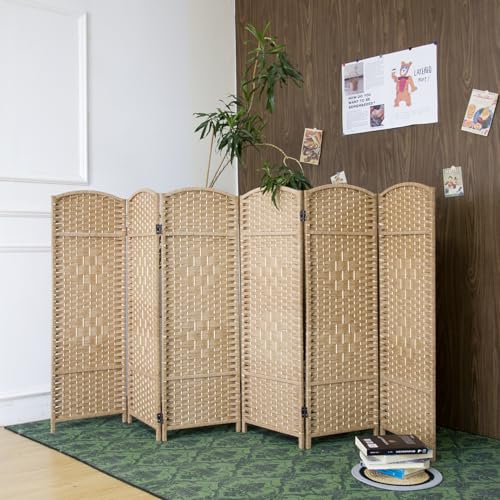 6-Panel Short Room Divider, 3.9 ft Freestanding Partition Wall, Light Brown Rattan Double-Sided Folding Screen for Living Room, Bedroom & Corner Privacy - color: Light Brown, size: 6 Panel