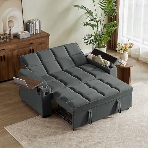 65" 3-in-1 Sofa Bed, Pull Out Sleeper Sofa with 360° Swivel Side Table, Storage Armrests, Cup Holders & USB Charging Ports, Chenille Convertible Couch for Living Room - color: 1007-dark Gray-