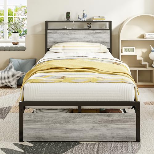 LIKIMIO Twin XL Bed Frames with Drawer and Charging Station, Industrial Gray - color: Industrial Gray, size: Twin XL