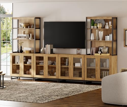 WAMPAT Wall Unit TV Stand with 3 Tiers Bookshelf, Farmhouse Entertainment Center with 4 Large Storage Cabinets and Adjustable Shelf, Wooden Media TV Console with Glass Doors for Living Room, Oak - color: Oak-b